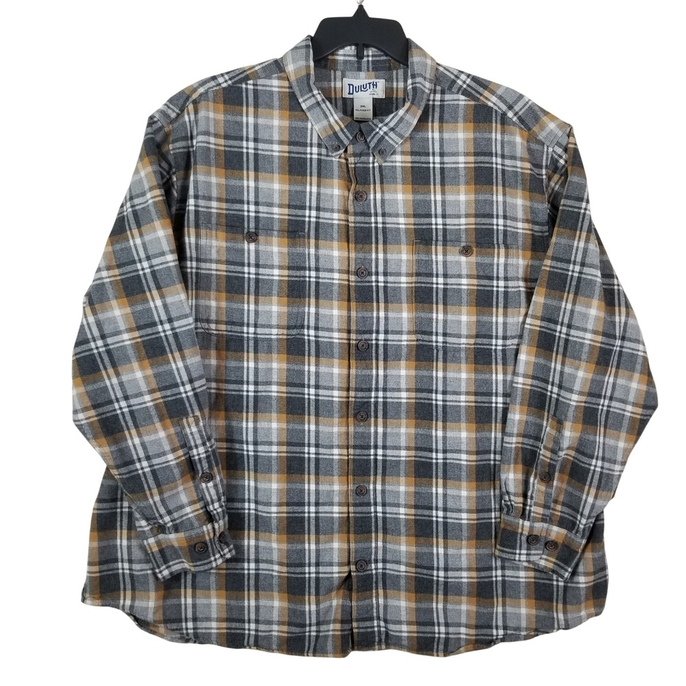Duluth Trading Co Mens 3XL Relaxed Fit Plaid Flannel Shirt Grey Gold Cotton 128s